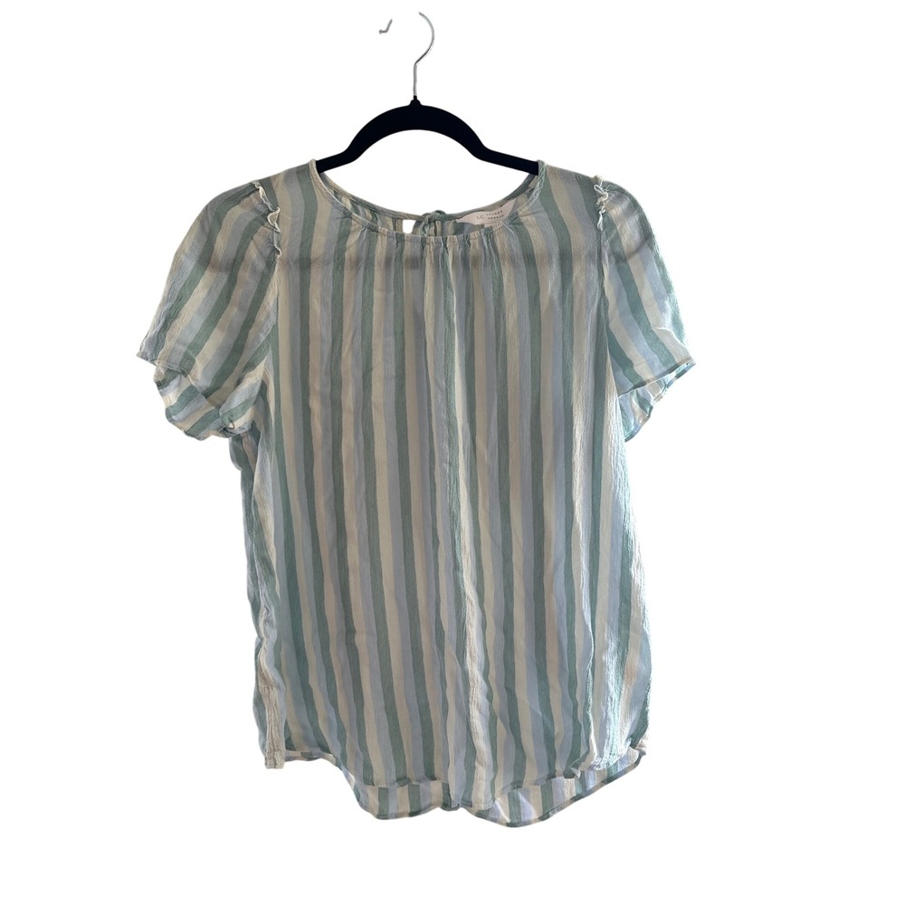 LC Lauren Conrad Striped Ruffle Short Sleeve Blouse Sage Blue Rayon Top Medium